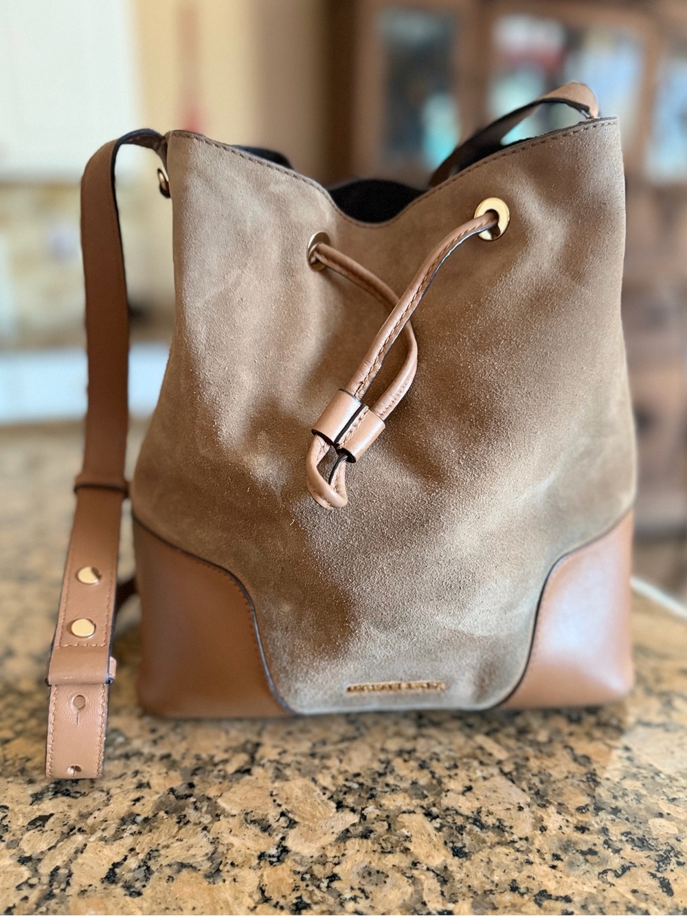 Suede Drawstring Bucket Bag in Brown